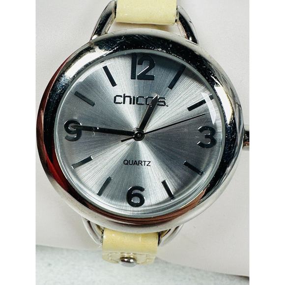 Chicos Watch Round 34mm Silver Tone Skinny Cream Leather Band Quartz New Battery - Picture 2 of 7